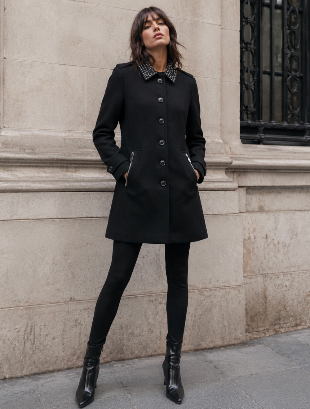Burberry Brit Black Studded Collar Wool Coat Jacket US 6 UK 8
